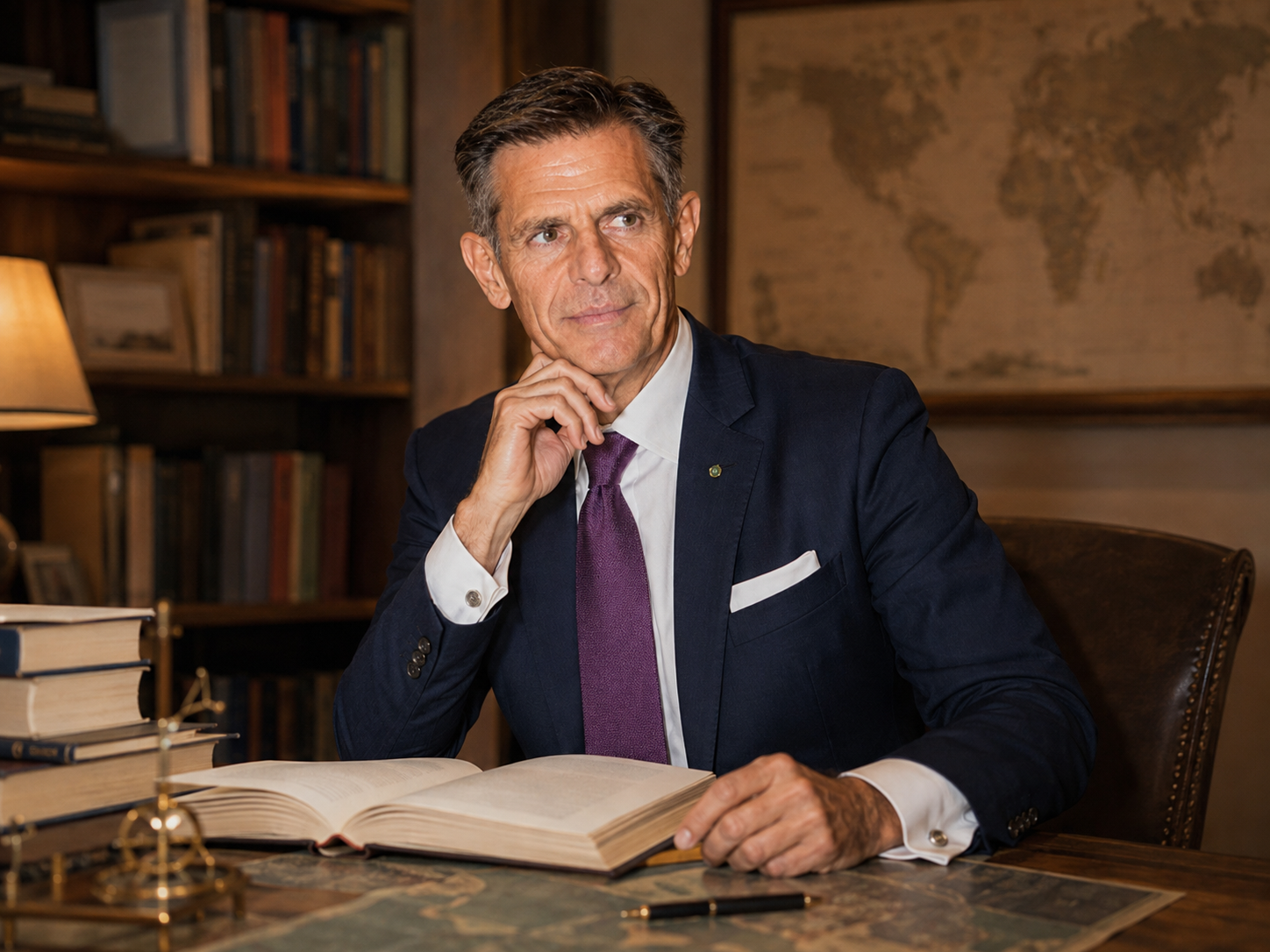 Mauro Cardone alla scrivania, davanti a una biblioteca e a una carta geografica