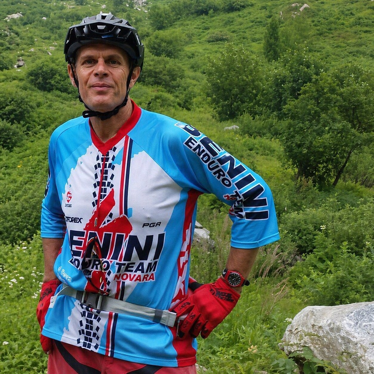 Mauro Cardone con la divisa del Team Benini in montagna